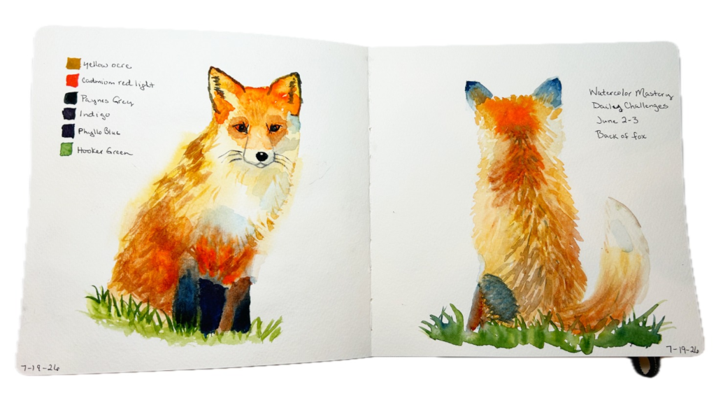 Watercolor fox - full spread in sketchbook